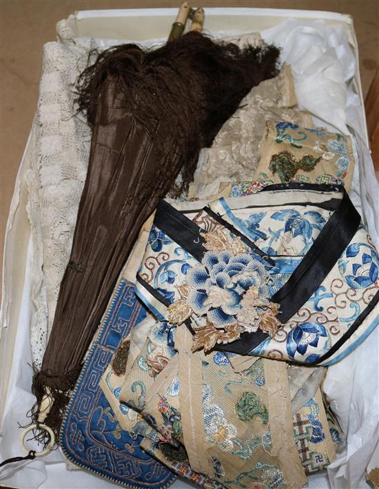 Group of Chinese embroidered borders and 2 pockets, a lace panel & a christening gown and a childs silk parasol